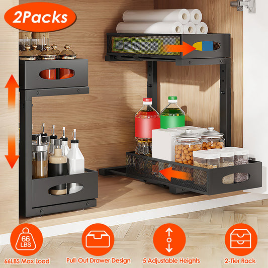 2-Pack 2-Tier Pull-Out Under Sink Organizer with Adjustable Height – Sliding Cabinet Storage for Kitchen & Bathroom